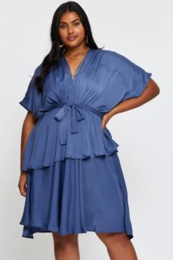 Mid Blue Skater Dress V-neck Batwing Sleeve Tie -You And All Fashion Store ced1163 34ab mid blue 3