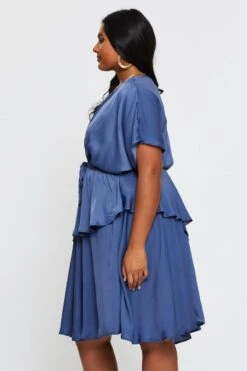 Mid Blue Skater Dress V-neck Batwing Sleeve Tie -You And All Fashion Store ced1163 34ab mid blue 4