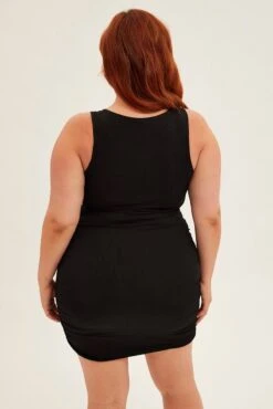 Black Mini Dress Sleeveless Rib Jersey Ruched -You And All Fashion Store ced11663 47ab black 5