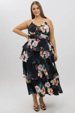 Black Floral Maxi Dress Sleeveless Ruched Bust Tiered -You And All Fashion Store ced12471a 35rb floral 3
