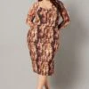 Brown Abstract Long Sleeve Mesh Tie Dye Midi Dress