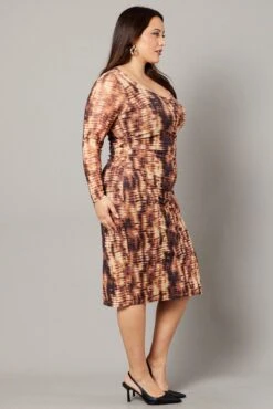 Brown Abstract Long Sleeve Mesh Tie Dye Midi Dress -You And All Fashion Store ced1314l 84ab abstract 4