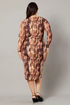 Brown Abstract Long Sleeve Mesh Tie Dye Midi Dress -You And All Fashion Store ced1314l 84ab abstract 5