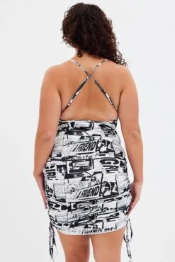 Multi Abstract Mini Dress Ruched Side Newsprint Cross Back -You And All Fashion Store ced13204p 33ab abstract 5