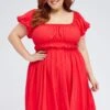 Red Fit And Flare Dress Short Sleeve Ruched