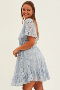 Light Blue Fit And Flare Dress Short Sleeve Wrap Lace -You And All Fashion Store ced1411 47rb light blue 4