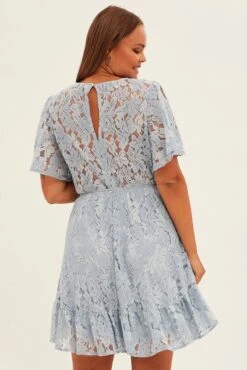 Light Blue Fit And Flare Dress Short Sleeve Wrap Lace -You And All Fashion Store ced1411 47rb light blue 5