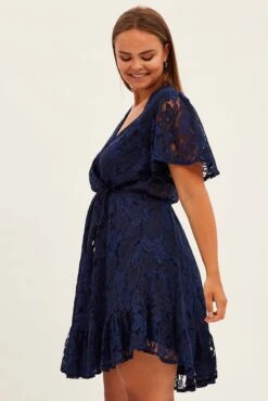 Blue Fit And Flare Dress Short Sleeve Wrap Lace -You And All Fashion Store ced1411 47rb navy 4