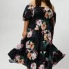 Black Floral Maxi Dress Short Sleeve Shirred