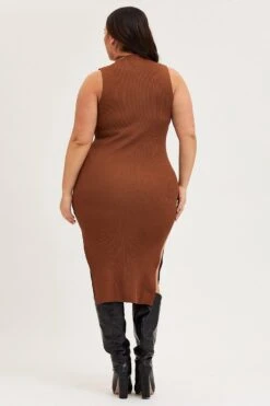 Brown Bodycon Dress Round Neck Sleeveless -You And All Fashion Store ced14324 40a mocha 5