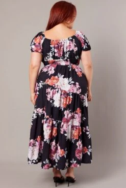 Black Floral Maxi Dress Short Sleeve Tiered -You And All Fashion Store ced1453 34r floral 5