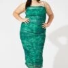 Green Abstract Ruched Mesh Midi Dress
