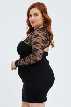 Black Bodycon Dress Long Sleeve Lace Mesh -You And All Fashion Store ced1586 34r black 4