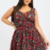 Black Floral Rose Print Lace Trim Minidress