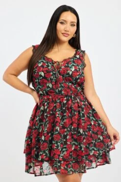 Black Floral Rose Print Lace Trim Minidress