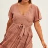 Pink Mini Dress Short Flare Sleeve Textured Frill