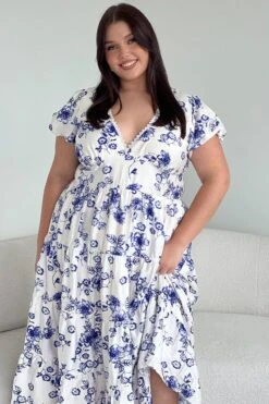 Blue Floral Maxi Dress Short Sleeve V Neck Tiered
