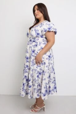 Blue Floral Maxi Dress Short Sleeve V Neck Tiered -You And All Fashion Store ced1817 123rb floral 4