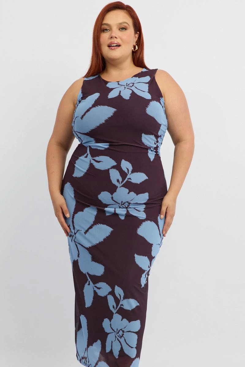 Purple Abstract Bodycon Dress Round Neck Sleeveless Mesh 3 Purple Abstract Bodycon Dress Round Neck Sleeveless Mesh - Image 3