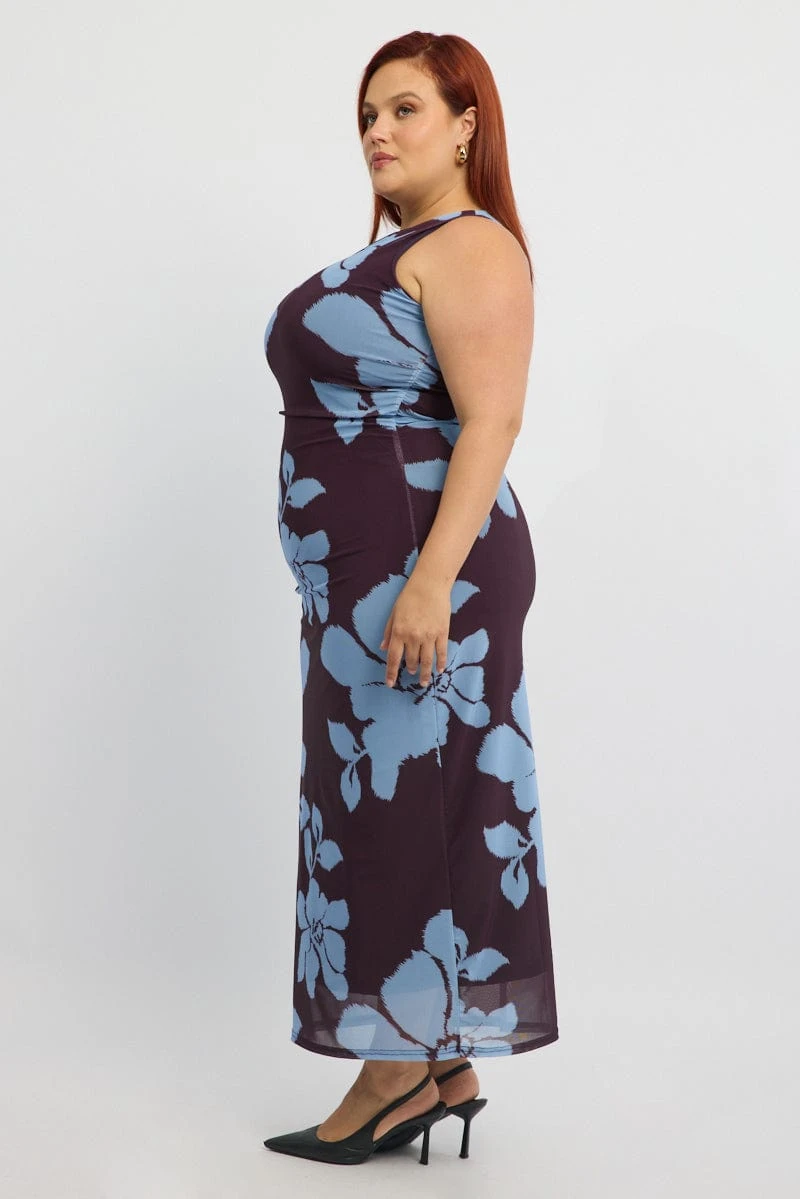 Purple Abstract Bodycon Dress Round Neck Sleeveless Mesh 4 Purple Abstract Bodycon Dress Round Neck Sleeveless Mesh - Image 4