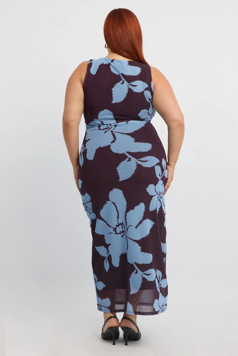 Purple Abstract Bodycon Dress Round Neck Sleeveless Mesh 5 Purple Abstract Bodycon Dress Round Neck Sleeveless Mesh - Image 5