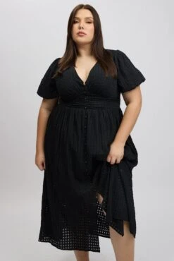 Black Midi Dress Short Sleeve V-Neck Window Check -You And All Fashion Store ced2008c 10r black 3