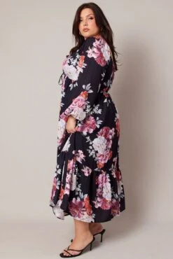Black Floral Midi Dress Long Sleeve Ruched Bust -You And All Fashion Store ced2009 34rb floral 4