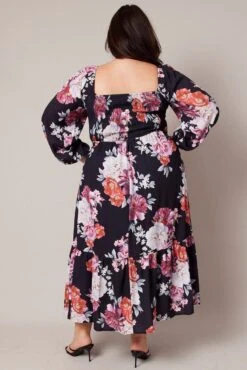 Black Floral Midi Dress Long Sleeve Ruched Bust -You And All Fashion Store ced2009 34rb floral 5