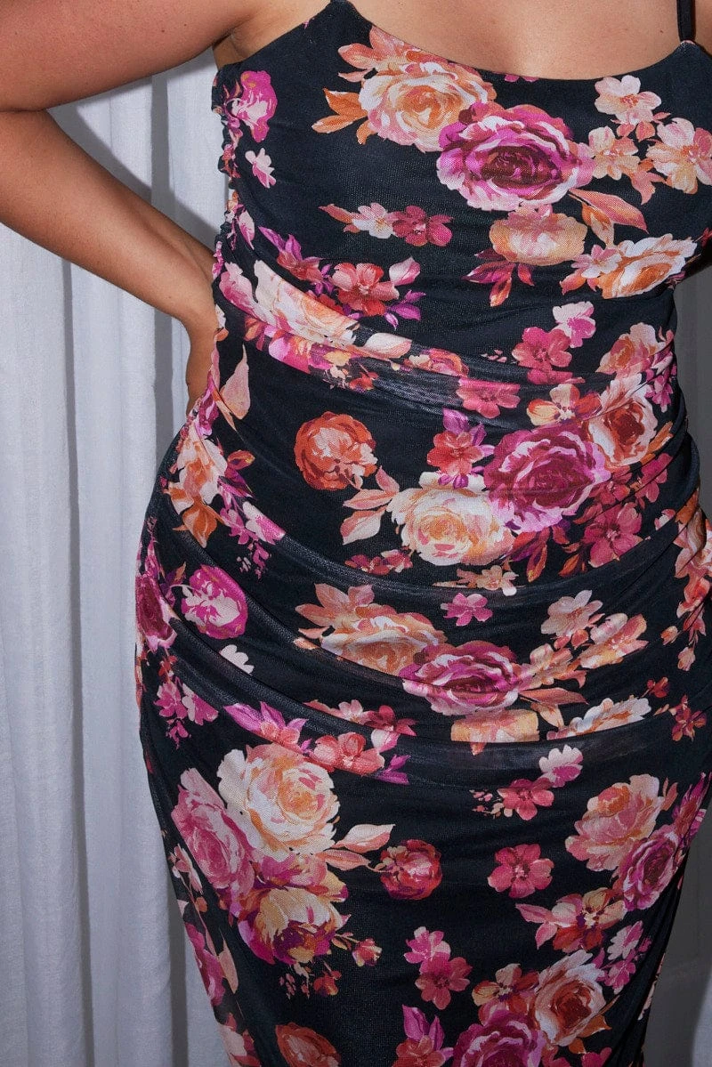 Black Floral Mesh Bodycon Ruched Shoestring Strap Dress 6 Black Floral Mesh Bodycon Ruched Shoestring Strap Dress - Image 6