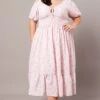 Pink Ditsy Midi Dress Short Sleeve Ruched Bust