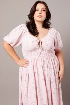 Pink Ditsy Midi Dress Short Sleeve Ruched Bust -You And All Fashion Store ced2022c 34r ditsy 3