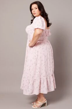 Pink Ditsy Midi Dress Short Sleeve Ruched Bust -You And All Fashion Store ced2022c 34r ditsy 4