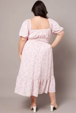 Pink Ditsy Midi Dress Short Sleeve Ruched Bust -You And All Fashion Store ced2022c 34r ditsy 5