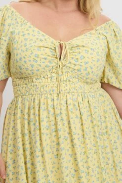 Yellow Ditsy Midi Dress Short Sleeve Ruched -You And All Fashion Store ced2022g 34r ditsy 6