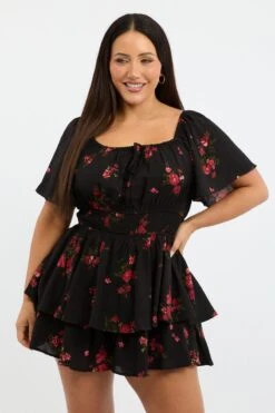 Black Floral Floral Playsuit Short Sleeve