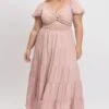 Pink Maxi Dress Short Sleeve Twist Front