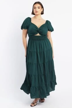 Green Maxi Dress Short Sleeve Twist Front