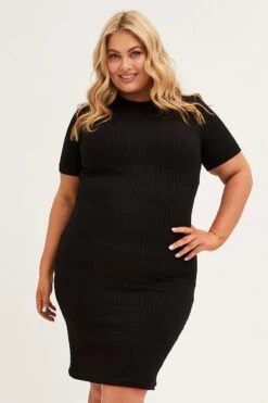 Black Midi Dress Short Sleeve Rib Jersey Bodycon -You And All Fashion Store ced2147s 10ab black 3