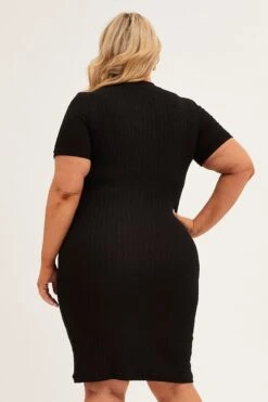 Black Midi Dress Short Sleeve Rib Jersey Bodycon -You And All Fashion Store ced2147s 10ab black 5