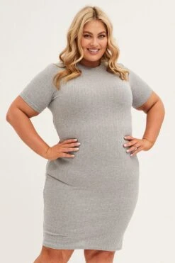 Grey Midi Dress Short Sleeve Rib Jersey Bodycon -You And All Fashion Store ced2147s 10ab grey 3