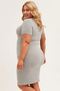 Grey Midi Dress Short Sleeve Rib Jersey Bodycon -You And All Fashion Store ced2147s 10ab grey 4