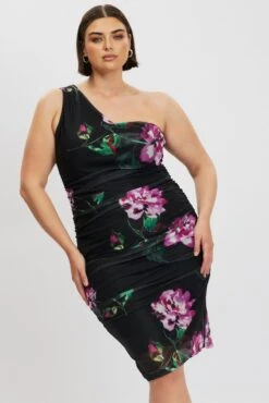 Black Floral One Shoulder Ruched Midi Dress -You And All Fashion Store ced2215 84ab floral 3