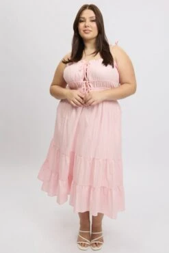 Pink Midi Dress Sleeveless Tie Front Tiered Textured -You And All Fashion Store ced2304 10rb pink 3