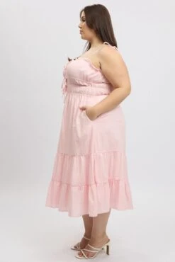 Pink Midi Dress Sleeveless Tie Front Tiered Textured -You And All Fashion Store ced2304 10rb pink 4