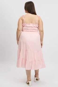 Pink Midi Dress Sleeveless Tie Front Tiered Textured -You And All Fashion Store ced2304 10rb pink 5