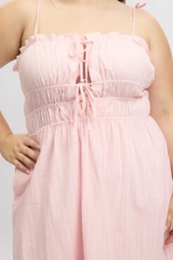 Pink Midi Dress Sleeveless Tie Front Tiered Textured -You And All Fashion Store ced2304 10rb pink 6