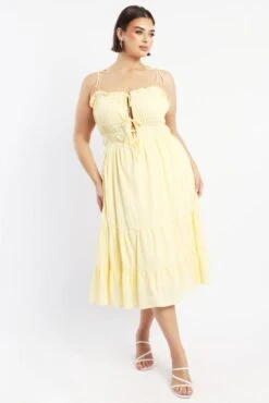 Yellow Midi Dress Sleeveless Tie Front Tiered Textured