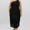 Black Midi Dress One Shoulder Side Cut Out