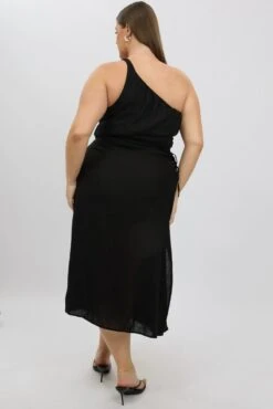 Black Midi Dress One Shoulder Side Cut Out -You And All Fashion Store ced2383 47rb black 5