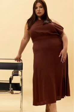Brown Midi Dress Short Sleeve Asymmetric Shoulder